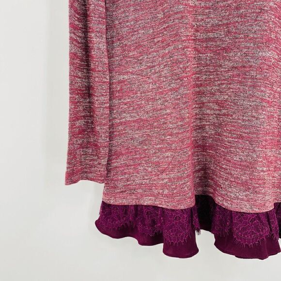 LOGO Lori Goldstein Size XS Burgundy Spacedye Lace Trim Long Sleeve Tunic Top - Picture 5 of 9